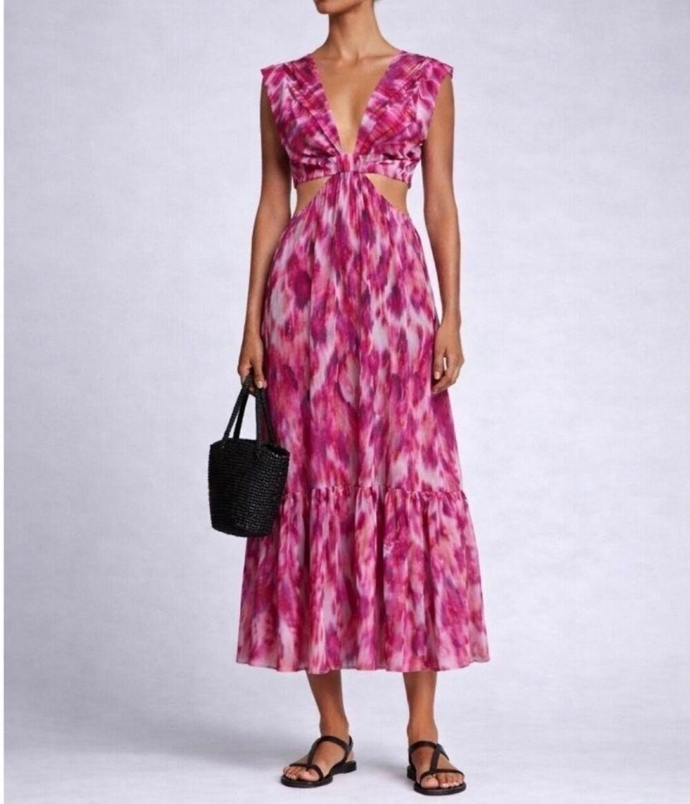 Jason Wu Pink Abstract Cutout Midi Dress Women’s XS Cotton Tiered Resort